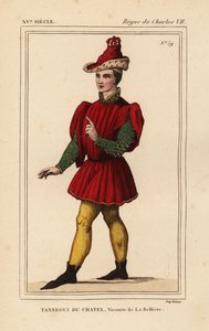 Tanneguy IV du Chatel, varakreivi de la Belliere, Francis II:n hotellin suurmestari, Bretagnen herttua, k. 1477. Käsinvärinen litografia kuvakudoksen hahmosta, joka kuvaa Esteriä ja Mordecaita Roger de Gaignieresin portfoliossa VI 132 Le Bibliophilesta tekijältä Leopold Massard