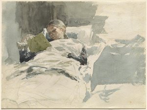 Taiteilijan vaimo lukemassa sängyssä tekijältä Leopold von Kalckreuth