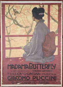 Giacomo Puccinin (1858-1924) säveltämän Madame Butterflyn partituurin etukuva (värilitografia) (ks. myös 208559). tekijältä Leopoldo Metlicovitz