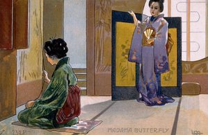 Postikortti luotu "Madame Butterflyn" ensi-iltaa varten Bresciassa tekijältä Leopoldo Metlicovitz