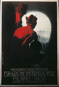 Transalpine Simplon -tunnelin juliste Milanon kansainvälisessä näyttelyssä huhti-marraskuussa 1906 tekijältä Leopoldo Metlicovitz