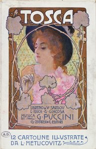 Puccinin Tosca-oopperan partituurilehti, n. 1910 (värilitho) tekijältä Leopoldo Metlicovitz