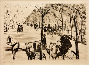 Allee im Tiergarten mit Kutsche im Vordergrund tekijältä Lesser Ury