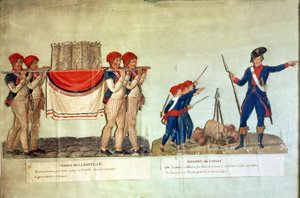 Bastilian mallin kantaminen ja sotilas luennoimassa lapsille, noin 1790 (guassi paperille).
