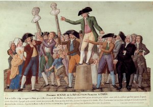 Ranskan vallankumouksen ensimmäinen kohtaus Pariisissa: 12.7.1789, kun kuningas erotti Jacques Neckerin, Camille Desmoulins kiusasi väkeä Palais Royalissa ja kehotti kapinaan hallitusta vastaan. Jacques Neckerin ja Louis Philin rintakuvat tekijältä Lesueur Brothers