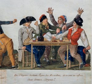 Ranskan vallankumous: "" Kansalaiset laulavat Marseillen hymniä: asein Kansalaiset..."" Majatalon pikkuhousut laulavat Marseillaisea. Lesueurin veljien kaiverrus (1700-luku). Musee Carnavalet, Pariisi