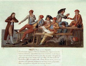 Ranskan vallankumous 1789: "" Vankilatuomioistuin 2. ja 3. syyskuuta"" Vallankumouksellisen tuomioistuimen satiirinen esitys, jäsenillä ei ole toimivaltaa oikeusasioissa ja tuomita tapauksia viinin juomisen ja tupakoinnin perusteella. Gouache des freeres L