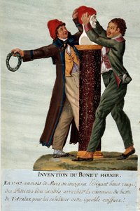 Ranskan vallankumous: "" Punaisen lippiksen keksintö""" kaksi vallankumouksellista ottavat kruunun Voltairen rintakuvasta ja korvaavat sen frigialaisella lippalla. Gouache des freeres Lesueur (1700-luku). Musee Carnavalet, Pariisi