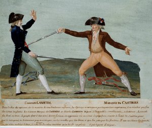 Ranskan vallankumous: kaksintaistelu perustuslakia säätävän kokouksen varajäsenen Charles Lamethin (1757-1832) ja aateliston edustajan markiisi de Castriesin (1756-1842) välillä 12. marraskuuta 1790. Jälkimmäinen haavoi Lamethia ja jakobiinien joukko raivo tekijältä Lesueur Brothers