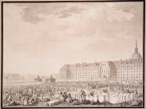 Ranskan vallankumous: aseiden tarttuminen invalideihin 14.7.1789. Lesueurin veljien litografia (1700-luku) tekijältä Lesueur Brothers
