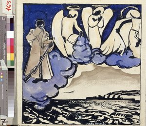 ""A guerra. Rússia. 1914"" Alegoria da Primeira Guerra Mundial. Um soldado e anjos. Caneta e guache de Lev Bruni (1894-1948) 1914 Museu Estadual de História, Arquitetura e Arte, Rybinsk, Rússiafinlandês tekijältä Lev Aleksandrovitc Bruni