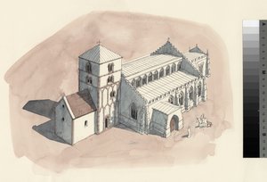 Pietarinkirkon rekonstruktiopiirustus 1700-luvulta (vesiväri paperille). tekijältä Liam Wales