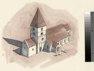 Normanniajan Pietarinkirkon rekonstruktiopiirustus (vesiväri paperille). tekijältä Liam Wales