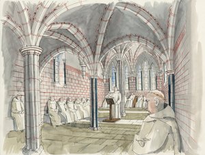 Shap Abbeyn kappelitalon jälleenrakennus noin 1530 (vesiväri paperille). tekijältä Liam Wales