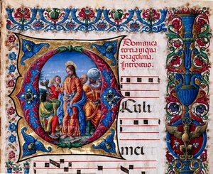 Piccolomini-kirjasto: kuorokirja, turska. 21.6, jj. 2r, jossa on Liberale da Verona (noin 1445 - 1527/9) "Saastaisen hengen karkottaminen". Yksityiskohta.