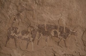 Nautakarja ja ihmishahmot, luolamaalaus, Oued in Djeran, Near Djanet, Tassili n