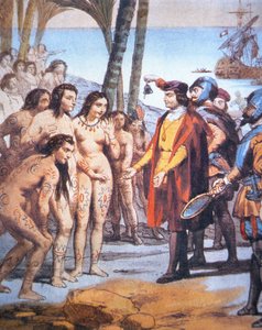 Kristoffer Kolumbus laskeutuu uuteen maailmaan vuonna 1492, ja häntä tervehtivät taino-intiaanit (väri litho) tekijältä Unbekannt Unbekannt
