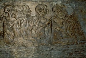 Ulkomaalaiset vieraat jakavat lahjoja kuningatar Nefertitille, Basin kohokuvio Meriren haudasta, Tell el-Amarnan hautausmaa, Egypti, Egyptin sivilisaatio, Uusi kuningaskunta, dynastia XVIII tekijältä Unbekannt Unbekannt