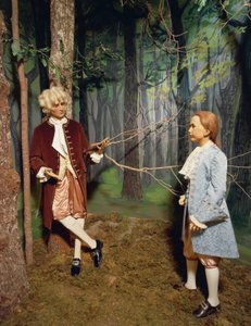 Ranska, Chateau de Chenonceau, Loiren laakso, Jean Jacques Rousseau pitämässä oppituntia Chenonceaun alueella Claude Dupinin pojalle; Hän kirjoittaa tutkielman Emilen koulutukseen, jäljennökseen Wax Museumissa tekijältä Unbekannt Unbekannt