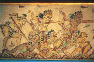 Freskot, jotka kuvaavat kohtauksia jumalten ja demonien välisistä taisteluista, Kertha Gosa -paviljonki, Klungkungin palatsi (Puri Agung Semarapura), Semarapura, Bali, Indonesia tekijältä Unbekannt Unbekannt