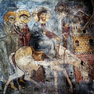 Jeesus saapuu Jerusalemiin aasilla, freskoja Panagia Antifonitrian luostarissa, Myriokefala, Kreeta, Kreikka (kuva) tekijältä Unbekannt Unbekannt