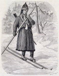 Lars Tuorda, lappilainen urheilija voitti Adolf Erick Nordenskjoldin vuonna 1884 järjestämän murtomaahiihtokilpailun, intialainen mustepiirustus tekijältä Unbekannt Unbekannt