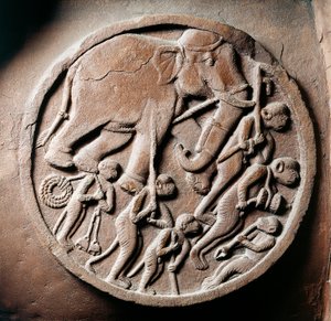 Medallion apinoilla ja norsuilla, helpotus Bharhutin stupasta, buddhalainen muistomerkki, Madhya Pradesh, Intia, Intian sivilisaatio, 2. vuosisadalla eKr. tekijältä Unbekannt Unbekannt