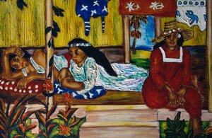 Polynesialaiset naiset, lasimaalaus, Moorea Island, Society Islands, Ranskan Polynesia, Ranskan tasavallan merentakainen alue tekijältä Unbekannt Unbekannt