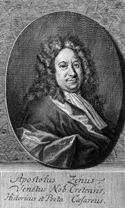 Apostolo Zenon (noin 1668-1750), italialaisen runoilijan, libretistin, toimittajan ja kirjemiehen muotokuva, kaiverrus tekijältä Unbekannt Unbekannt