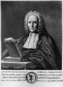Muotokuva Giuseppe Averanista, joka tunnetaan nimellä Averanus (1662-1738), italialainen juristi ja luonnontieteilijä, etsaus maineikkaiden toscanalaisten miesten muotokuvien sarjasta, julkaisija Allegrini tekijältä Unbekannt Unbekannt