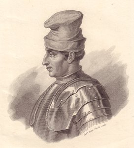 Italian sotilasjohtajan Niccolo Fortebraccion muotokuva, joka tunnetaan myös nimellä della Stella (1389-1435), Caterina Piotti-Pirolan kuparikaiverrus tekijältä Unbekannt Unbekannt