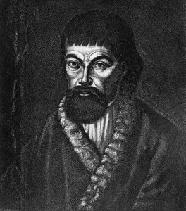 Muotokuva Jemeljan Ivanovitš Pugatšovista (n. 1742-1775), Venäjän suuren kasakka- ja talonpoikaiskapinan johtajasta 1773-1774, kaiverrus öljymaalauksen jälkeen tekijältä Unbekannt Unbekannt