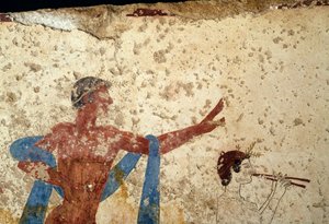 Kulkue urheilijan kanssa, yksityiskohta, fresko Sukeltajan haudasta, Paestum, Campania, Italia, antiikin kreikkalainen sivilisaatio, Magna Graecia, 3. vuosisadalla eKr. (kuva) tekijältä Unbekannt Unbekannt