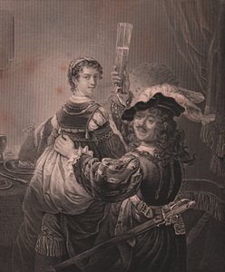 Rembrandt vaimonsa Saskian kanssa kaivertaa H Paynen Rembrandtin maalauksesta, Paynen kuninkaallisesta Dresdenin galleriasta, Albert Henry Paynen, H Payne Dresdenin ja Leipzigin kustantaja, noin 1840 tekijältä Unbekannt Unbekannt