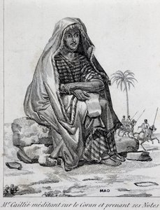Rene Caillie (1799-1838), arabiapukuinen tutkimusmatkailija, joka mietiskelee Koraania tekijältä Unbekannt Unbekannt