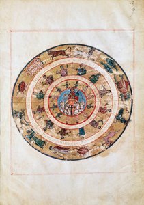Aurinkovaunut ja horoskooppimerkit, pienoiskuva varhaiskeskiajan käsikirjoituksesta, Ptolemaioksen (n. 100-175) tähtitieteellinen taulukko, hellenistinen sivilisaatio tekijältä Unbekannt Unbekannt