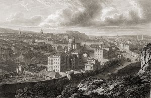 Näkymä Calton Hilliltä Edinburghista George Cooken kaivertamasta teoksesta Select Views of the Principal Cities of Europe, julkaistu Lontoossa, 1832 tekijältä Lieutenant Colonel Batty