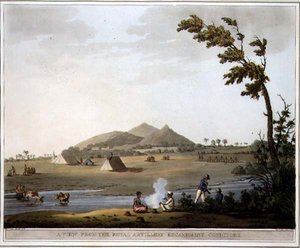 Näkymä kuninkaalliselta tykistöleiriltä, Conditore, levy 37 julkaisusta "Picturesque Scenery in the Kingdom of Mysore", kaivertanut Harraden, pubi. kirjoittanut Edward Orme (1774-n. 1820) 1804 (akvatinta)