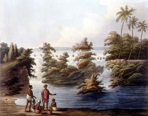 Tankin ylivuoto Strupermadorissa, levy 25 julkaisusta "Pictorial Scenery in the Kingdom of Mysore", kaiverrus H. Merke (fl.1800-20) pub. kirjoittanut Edward Orme (1774-n. 1820) 1804 (akvatinta)