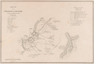 ?Luonnos Ghuzneen linnoituksesta. Onko Storm ottanut 23. heinäkuuta 1839? tekijältä Lieutenant Thomas Wingate