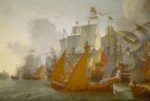 Hollantilaisen laivaston ja barbaarimerirosvojen välinen taistelu, noin 1670 (öljymaalaus).