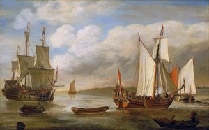 Erilaisia hollantilaisia veneitä: purjeveneitä, laivoja ja proomuja. Lieve Pietersz Verschuierin (1630-1686) öljy kankaalle.