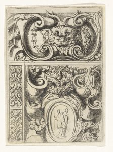 Cartouche jossa eläimen pää ja alla cartouche jossa Madonna ja lapsi Divertimenti di Livio Meus (sarjan nimi)