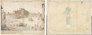 Kahdeksantoista näkymää Roomaan: Piazza Barberini (recto); Suihkulähteen jäljitys rektosta ja luonnokset kahdesta kasvosta (käänteinen) tekijältä Lievin Cruyl
