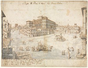 Kahdeksantoista näkymää Roomaan: Piazza Barberini recto..., 1665.