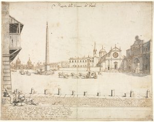 Kahdeksantoista näkymää Roomaan: Piazza del Popolo (recto) tekijältä Lievin Cruyl