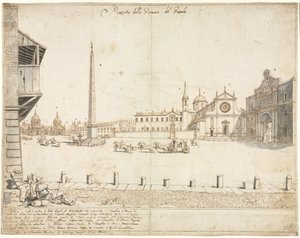 Kahdeksantoista näkymää Roomaan: Piazza del Popolo recto, 1664. tekijältä Lievin Cruyl