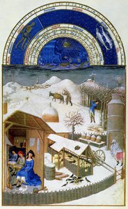 Helmikuun faksimile: maatilakohtaus talonpoikien kanssa, kopioitu "Tres Riches Heures du Duc de Berrystä" (alkuperäinen katso 8434)