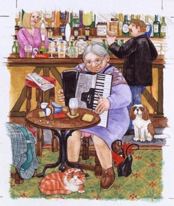 Mummo ja kissat ja harmonikka (vesiväri paperille)