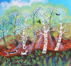 Chasing Crows on the Common, 2021 (akryyli kankaalle) tekijältä Lisa Graa Jensen
